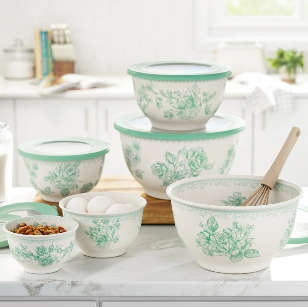 💕 2025 The Pioneer Woman Agatha Green 12 Piece Nesting Mixing Bowl Set
